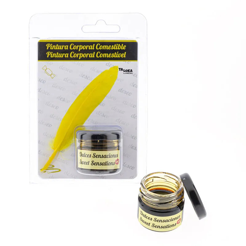 Peinture corporelle comestible saveur caramel Taloka Dulces Sensaciones verre transparent application précise soirée intime couple Erotik