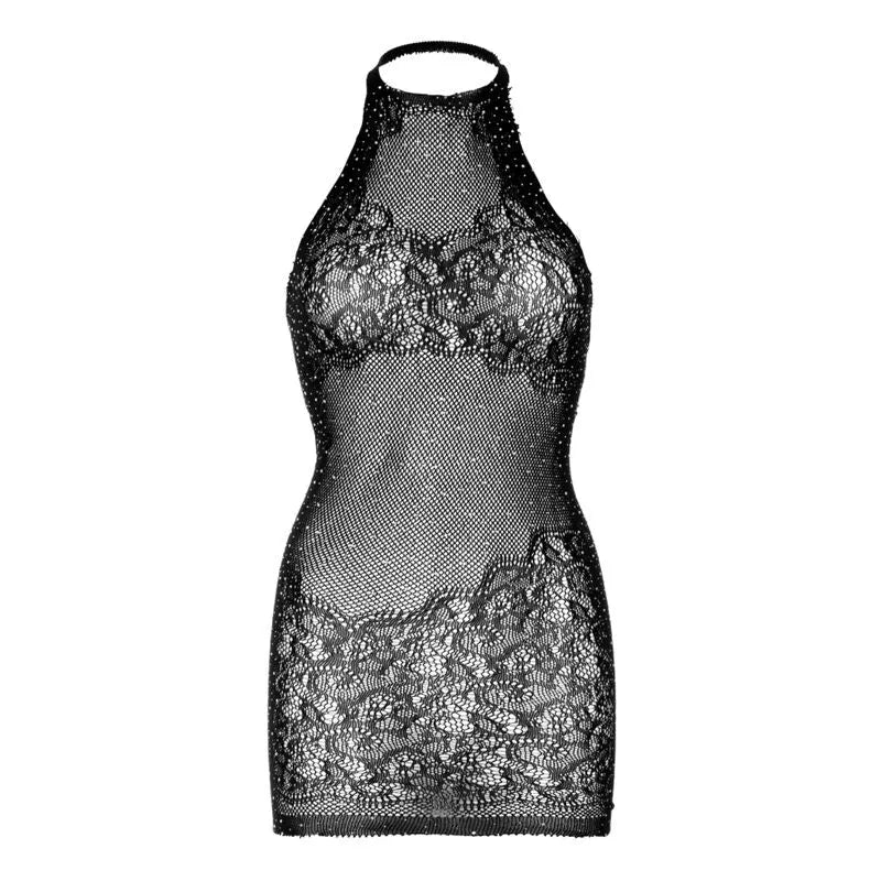 LEG AVENUE - RHINESTONE HALTER MINI ROBE - NOIR