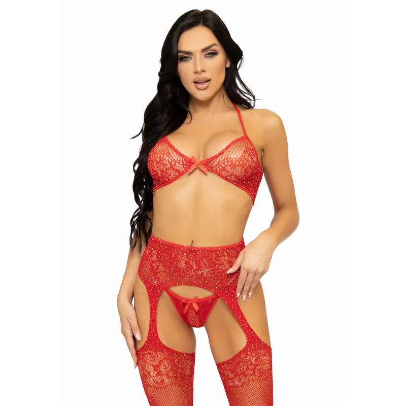 LEG AVENUE - ENSEMBLE TROIS PIÈCES SOUTIEN-GORGE, STRING ET BAS - ROUGE