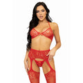 Ensemble trois pièces lingerie dentelle rouge strass nœud sexy femme séduisante