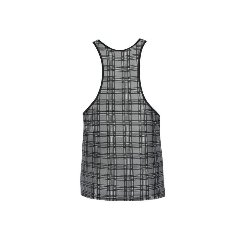 Top lingerie homme sans manches à carreaux noir et gris, style européen, en microfibre, élégant et sexy.