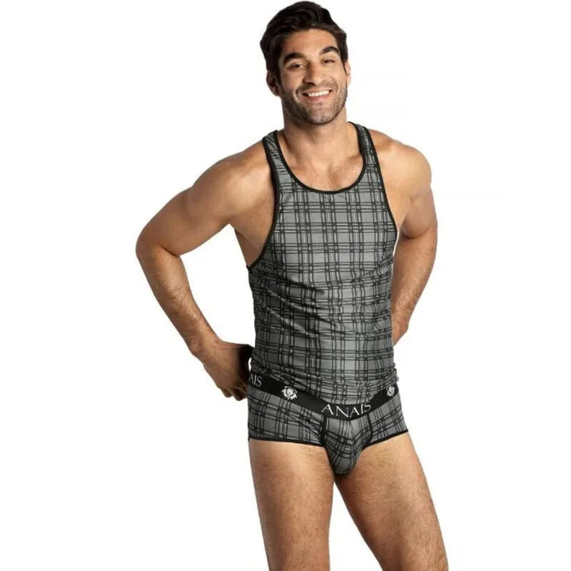 Haut homme sans manches à carreaux, microfibre, design sexy et élégant, fabriqué en Europe, Anais Men Top Balance.