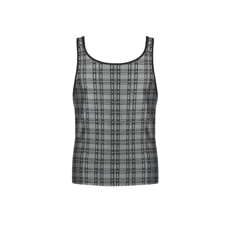 Top homme sans manches à carreaux noir et gris en microfibre, design élégant et sexy, fabriqué en Europe.