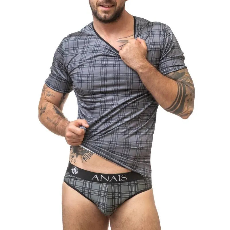 T-shirt homme Anais à carreaux noirs, gris et blancs, ajusté, en microfibre douce, idéal pour un look moderne et confortable.