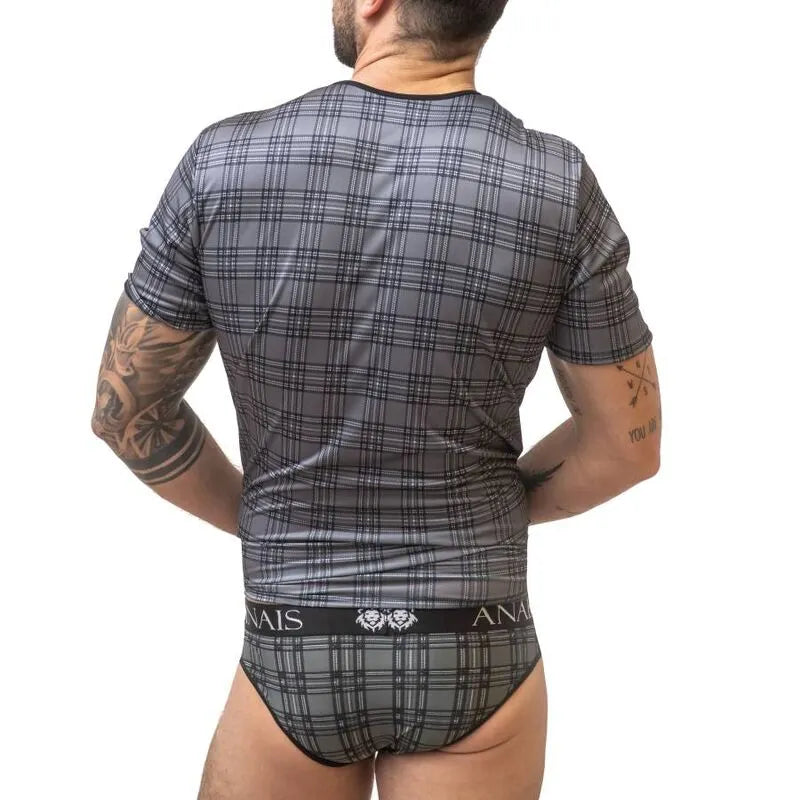 T-shirt homme ajusté à carreaux noirs, gris, blancs, en microfibre douce, vue de dos, marque Anais.
