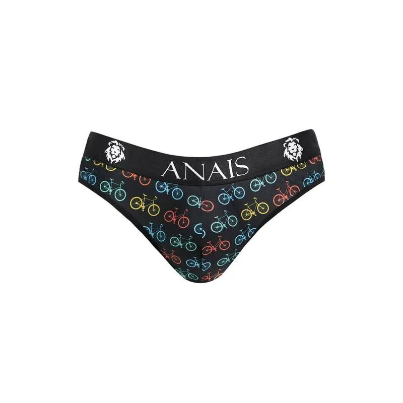Slip homme Anais noir avec motifs vélos colorés, bande élastique large à la taille, confort et style sexy.