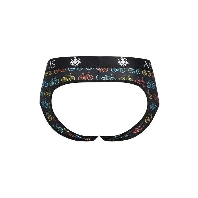 Slip bikini homme noir avec motifs colorés, fesses ouvertes, en polyamide et élasthanne, coupe audacieuse et ludique.