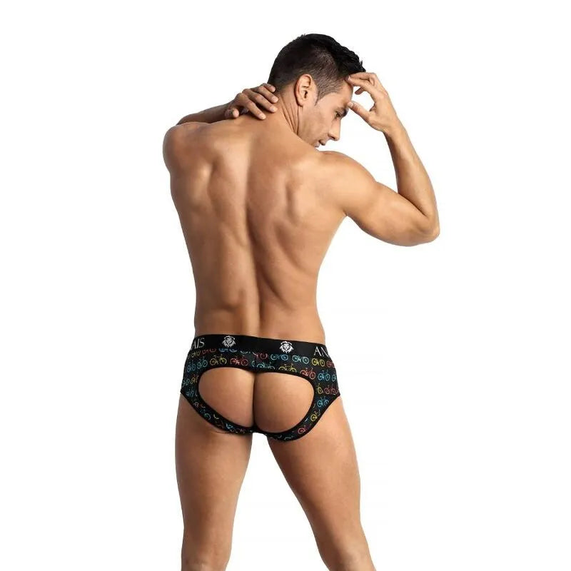 Slip bikini homme noir Anais Men Benito, fesses ouvertes, motifs colorés, coupe audacieuse, matière polyamide élasthanne.
