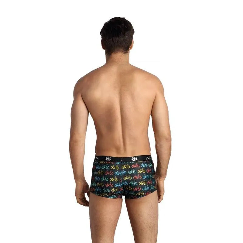 Boxer homme sportif Anais Benito, noir avec motifs vélos colorés, coupe ajustée, jambes longues, en polyamide et élasthanne.