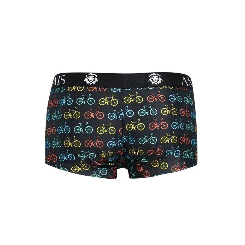 Boxer homme Anais Benito noir avec motifs vélos colorés, coupe sportive, jambes longues, ajustement parfait.