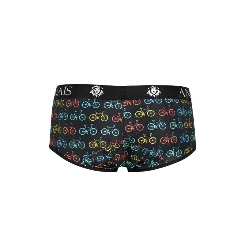 Slip sportif ANAIS MEN, motif vélos colorés, fond noir, coupe ajustée, ceinture élastique avec logo, haute qualité.