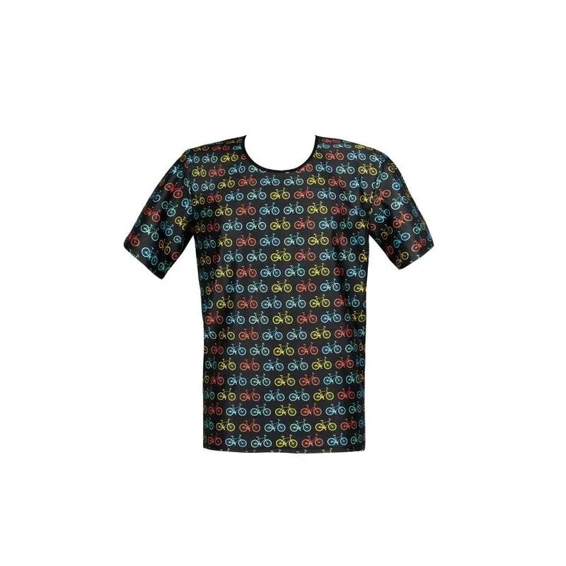 T-shirt ANAIS MEN Benito noir avec motifs vélos colorés, ajustement parfait, polyamide et élasthanne, tailles S à 3XL.