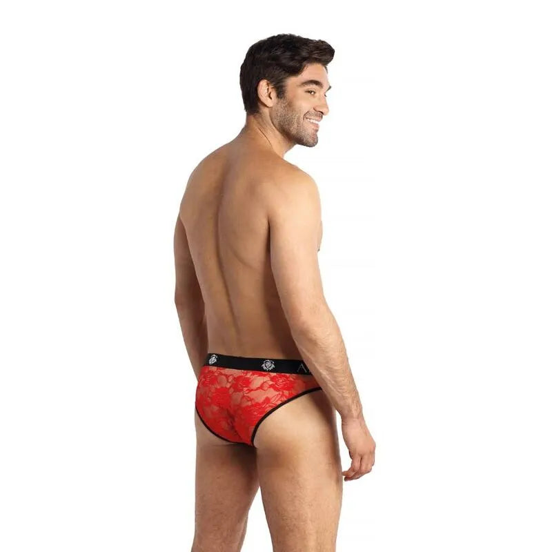 Slip homme rouge en dentelle florale, taille élastique noire, design sexy et confortable, Anais Apparel.