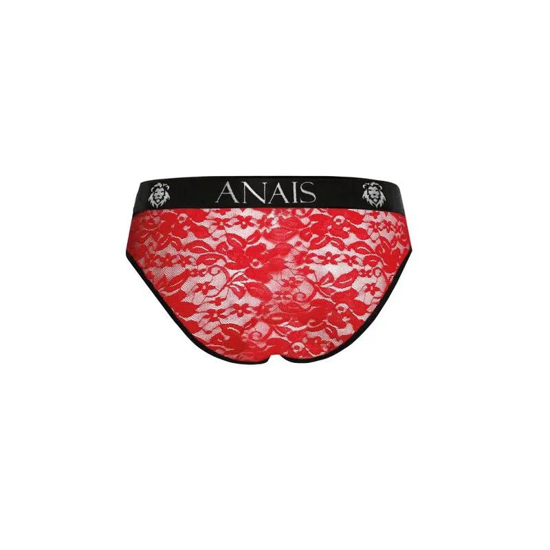 Slip homme en dentelle rouge à imprimé fleuri, bande élastique noire avec logo Anais, coupe sexy et confortable.