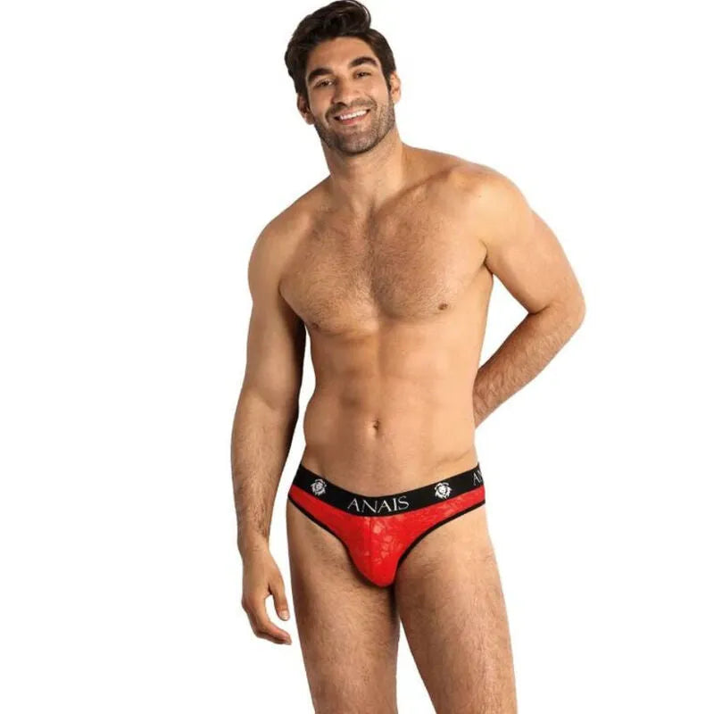 Slip homme rouge en dentelle florale, bande élastique noire à la taille, design sexy et confortable, Anais Apparel.