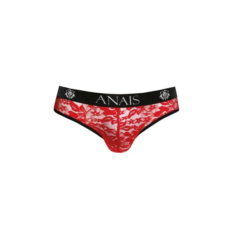 Slip homme rouge en dentelle florale, taille élastique noire avec logo Anais, design sexy et confortable.