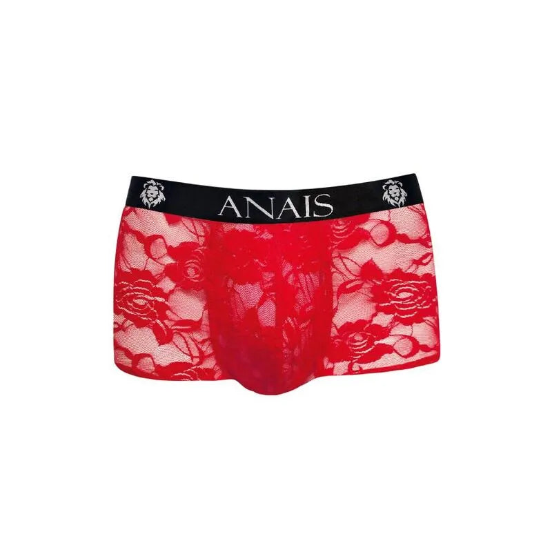 Boxer homme rouge en dentelle florale, coupe sportive, ceinture noire logo Anais, jambes longues, ajustement parfait.