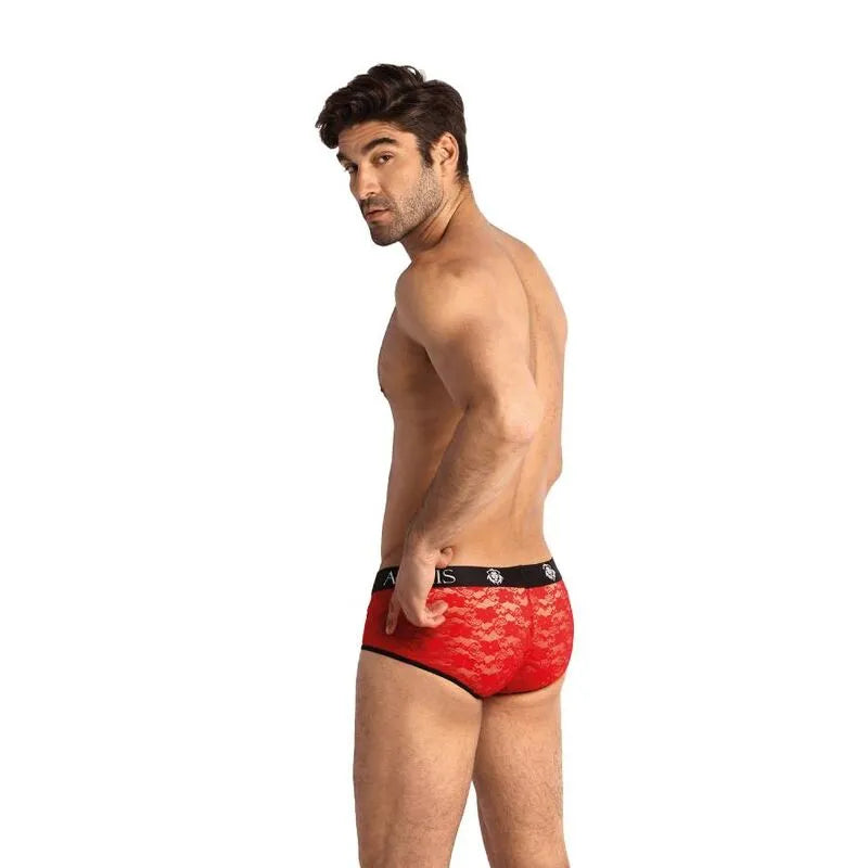 Culotte homme rouge en dentelle florale, coupe sportive, ajustée, avec ceinture noire, Anais Men.