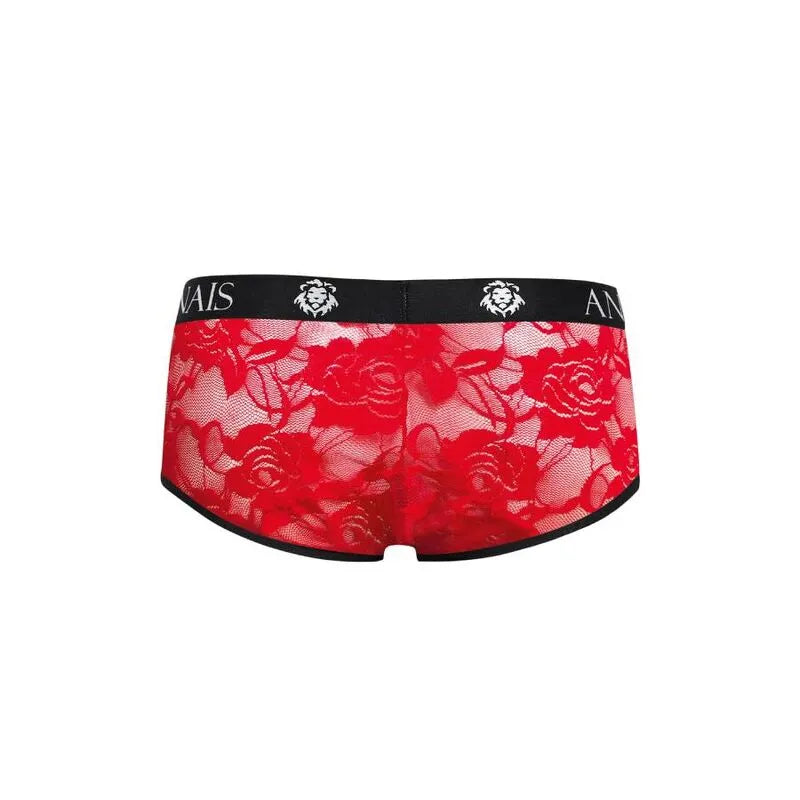 Culotte homme rouge en dentelle florale, coupe sportive, élastique noir marqué Anais, ajustement parfait.