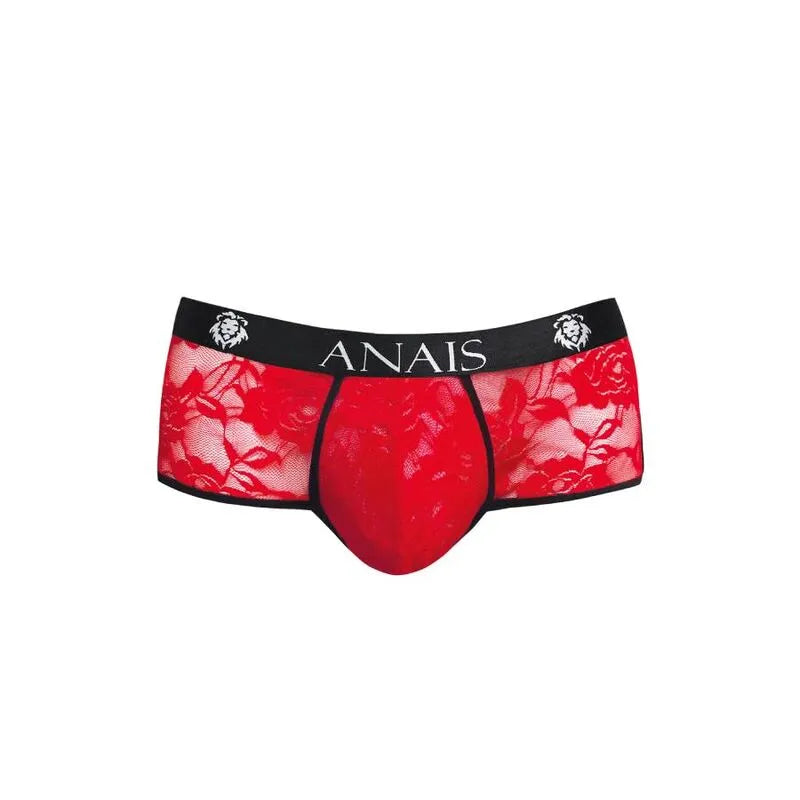 Culotte homme rouge en dentelle fleurie, coupe sportive, ceinture noire avec logo Anais, ajustement parfait.