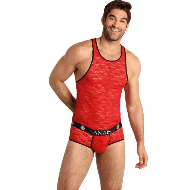 Débardeur homme rouge en dentelle florale, sans manches, ajustement parfait, Anais Apparel, lingerie sexy.