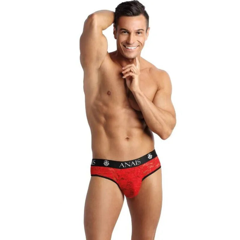 String homme rouge dentelle florale, élastique noir, confort et séduction, Anais Apparel.