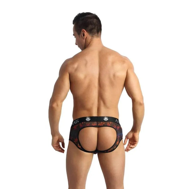 Homme portant un bikini noir en tulle avec imprimé palmiers, coupe audacieuse révélant les fesses, Anais Men Chill Jock.