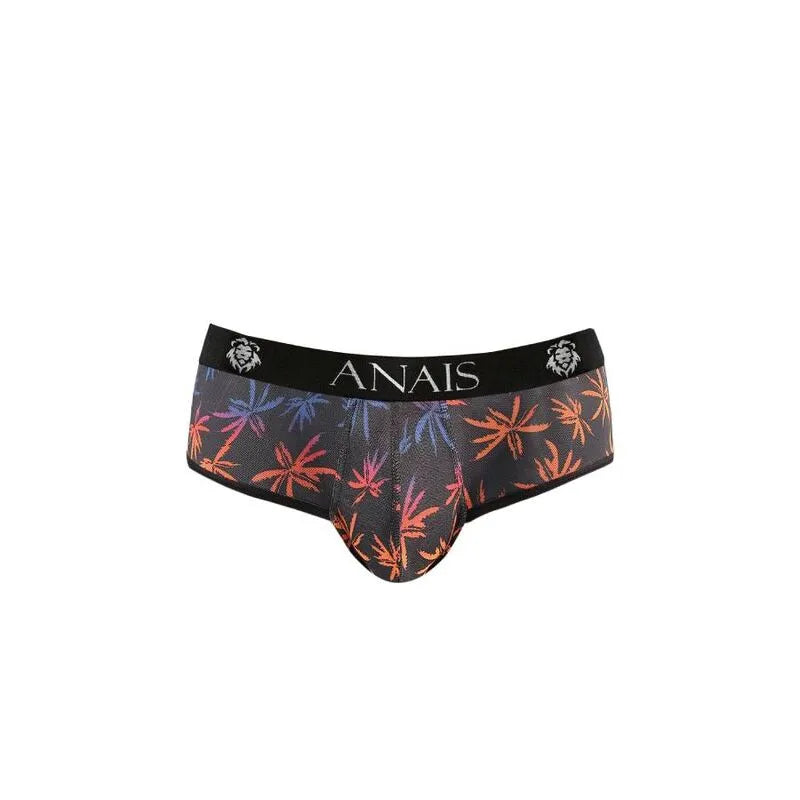 Bikini homme Anais noir avec imprimé palmiers colorés, coupe audacieuse, tulle doux, fesses ouvertes, style vacances.
