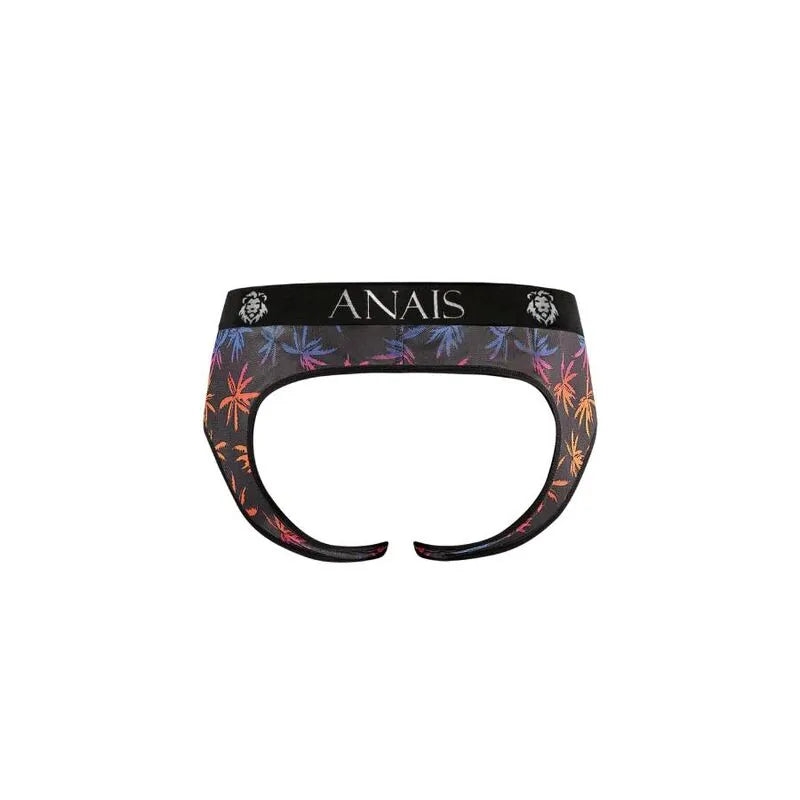 Slip bikini homme noir avec imprimé palmiers colorés, coupe audacieuse révélant les fesses, marque Anais visible.