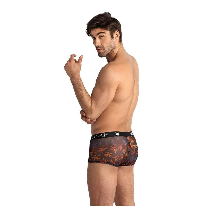 Boxer homme noir avec imprimé palmiers colorés, coupe sportive, jambes longues, ajustement parfait, Anais Apparel.