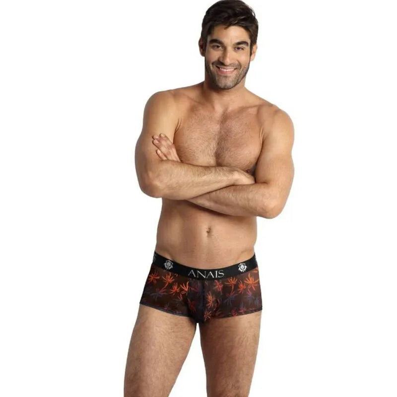 Boxer homme Anais Men noir imprimé palmiers, coupe sportive, tulle doux, jambes longues, ajustement parfait.