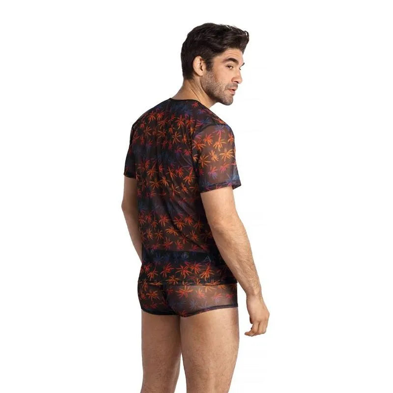T-shirt homme noir en tulle avec imprimé palmiers colorés, ajustement parfait, Anais Apparel.