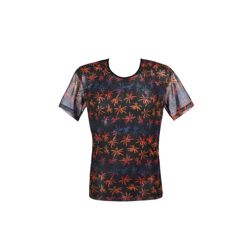 T-shirt homme en tulle noir imprimé palmiers colorés, ajusté, Anais Men.