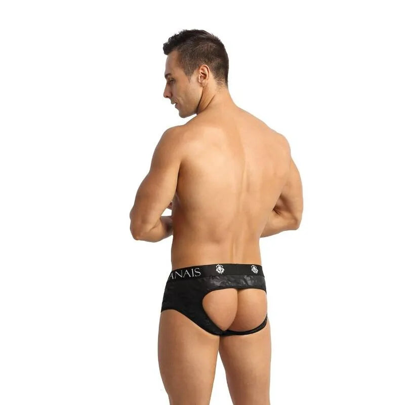 Bikini homme noir Anais, coupe audacieuse avec fesses ouvertes, imprimé militaire, microfibre douce.