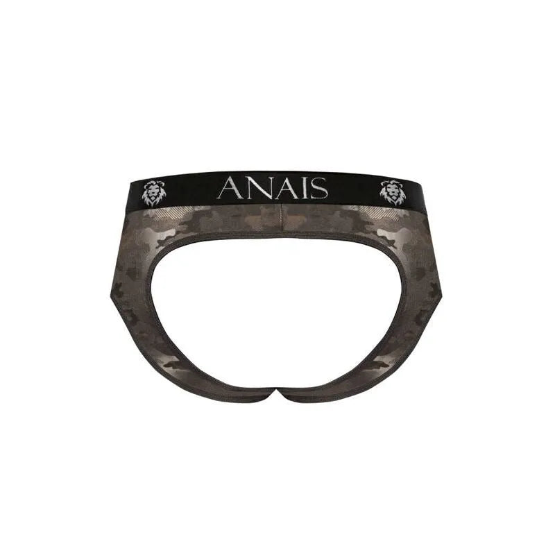 Bikini homme Anais Electro, imprimé militaire, fesses ouvertes, microfibre douce, taille élastique noire avec logo.