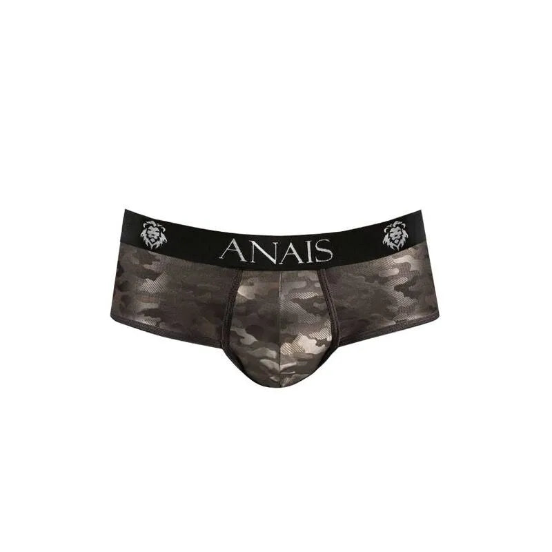 Bikini homme imprimé militaire, microfibre douce, taille élastique noire avec logo Anais, coupe audacieuse et ouverte.