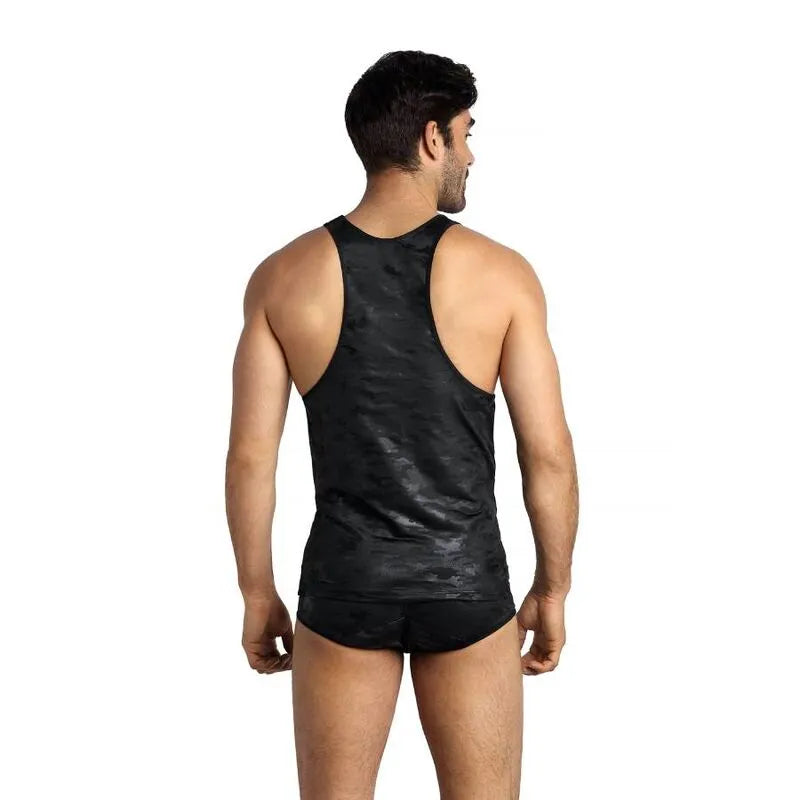Débardeur homme sans manches imprimé militaire noir, ajustement parfait, microfibre douce, Anais Men Top Electro.