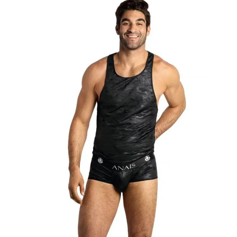 Débardeur homme ANAIS MEN noir imprimé militaire, microfibre douce, ajustement parfait, sans manches, style classique.