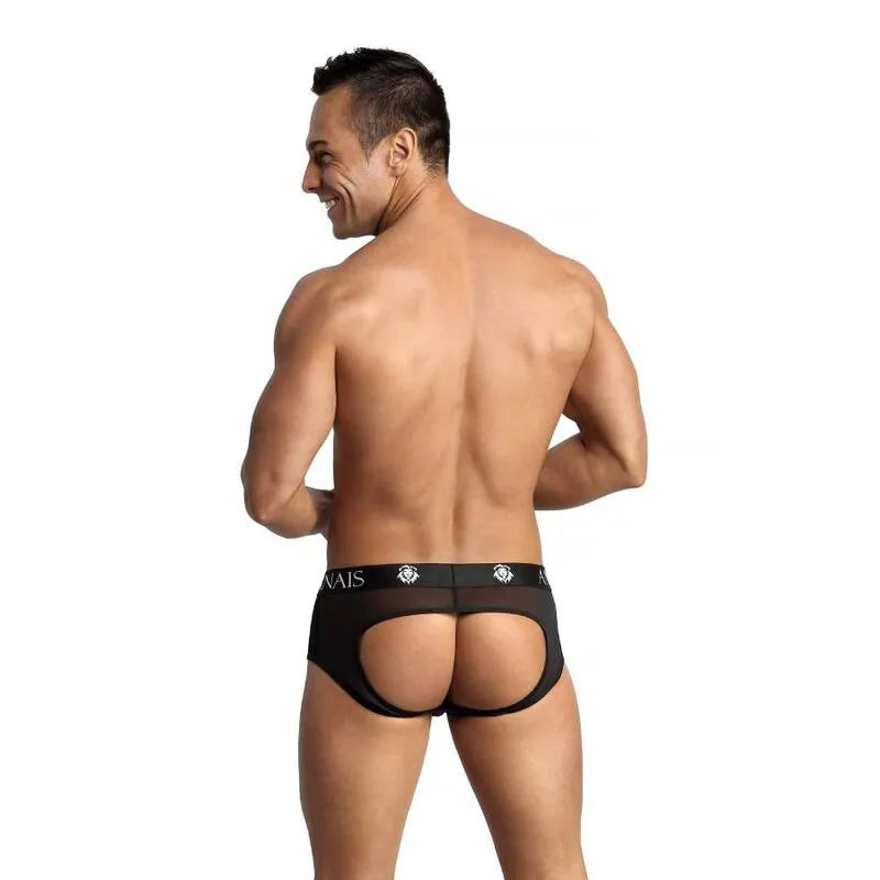 Slip bikini homme noir Anais Eros, fesses ouvertes, tulle noir, finition élégante, coupe audacieuse, lingerie sexy.