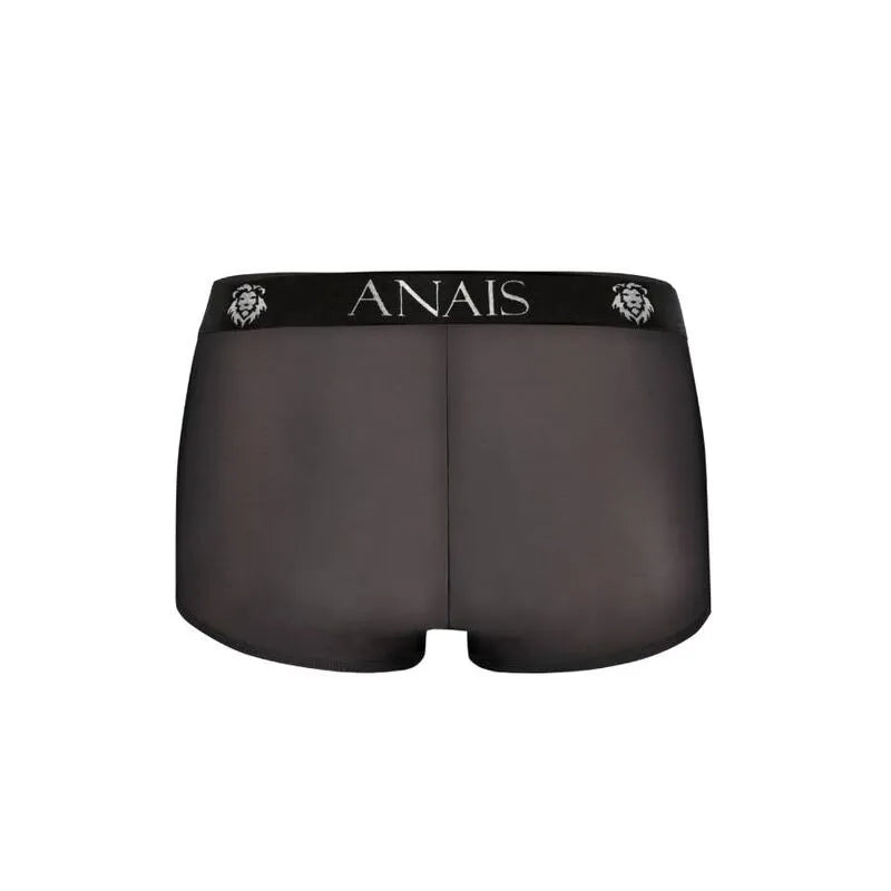 Boxer homme noir Éros en tulle, coupe sportive, jambes longues, finition élégante, marque Anais visible à la ceinture.