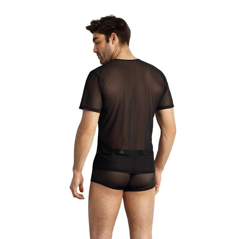T-shirt Éros homme en tulle noir ajusté, finition élégante, vue de dos, style moderne et sexy.