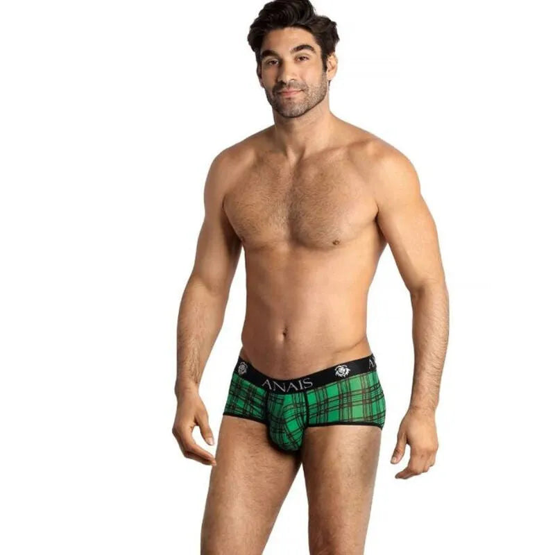 Boxer homme vert à carreaux noirs, taille élastique noire, confort et style Anais Apparel.