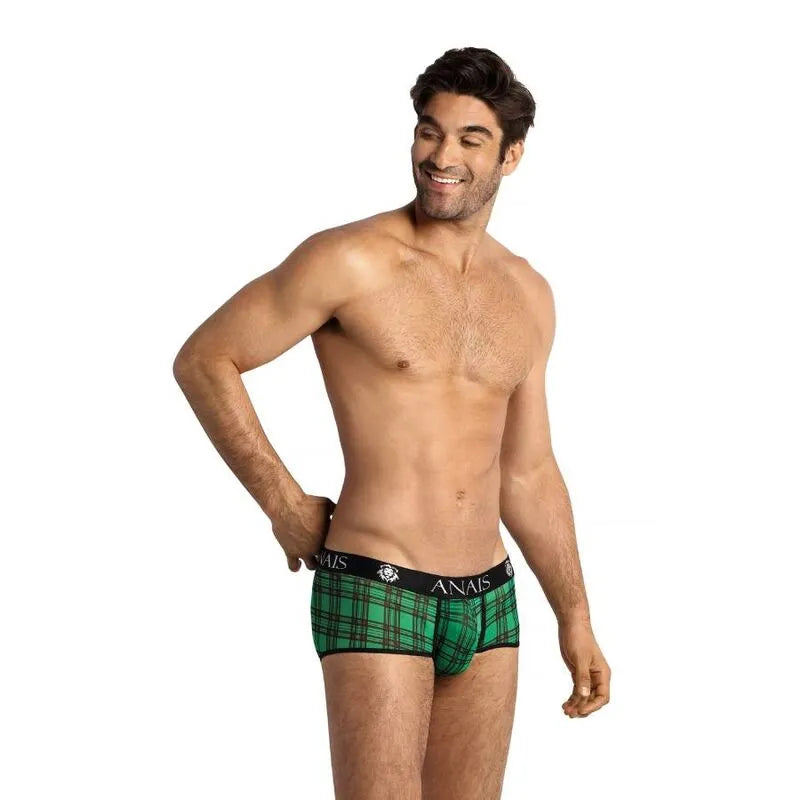 Boxer homme à carreaux verts et noirs, taille élastique noire, coupe sexy, confort optimal, Anais Apparel.