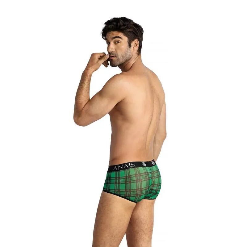 Boxer homme sexy à carreaux verts et noirs, bande élastique noire, confort optimal, Anais Apparel.