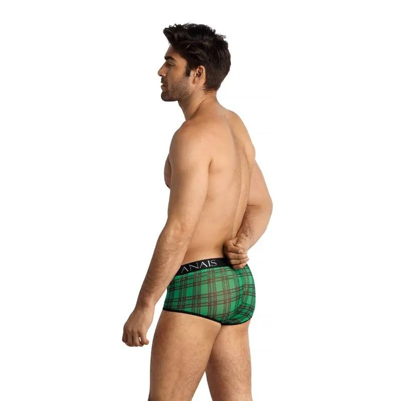 Boxer homme sexy à carreaux verts et noirs, taille élastique noire, confort optimal, Anais Apparel.