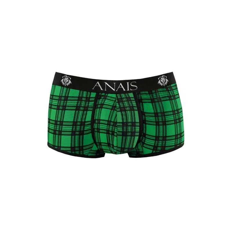 Boxer homme à carreaux verts et noirs, bande élastique noire, marque Anais, confort et style sexy en lycra doux.