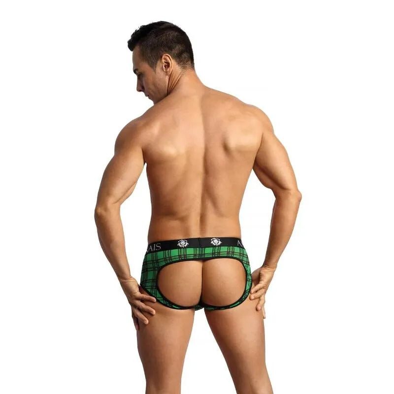 Homme portant un bikini jock en lycra à carreaux verts et noirs, taille élastique, design sexy et confortable.