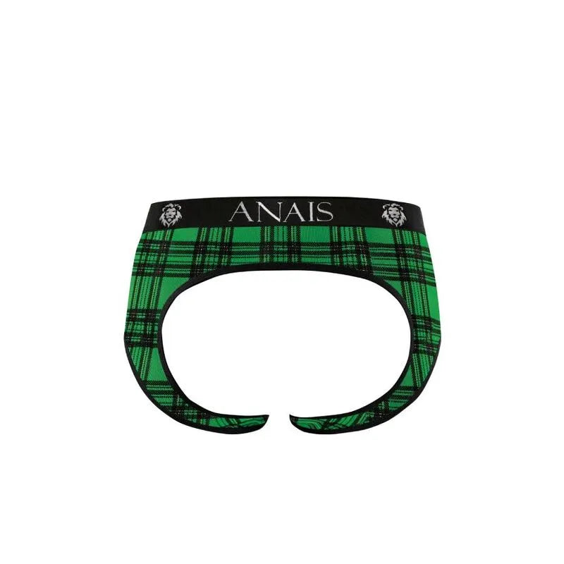 Bikini homme Anais en lycra à carreaux verts et noirs, bande élastique noire à la taille, style sexy et confortable.
