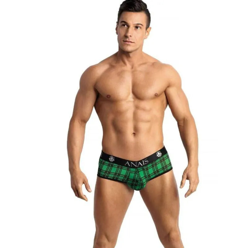 Boxer homme ANAIS vert à carreaux noirs, bande élastique noire, coupe ajustée, confort optimal, lycra doux.