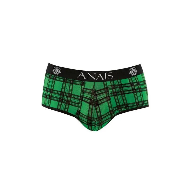 Bikini homme à carreaux verts et noirs, bande élastique noire avec logo Anais, en lycra doux et confortable.